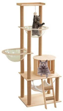 CTREVL Modern Multi-Level Large Real Solid Wood Cat Tree, Cat Climbers for Indoor Cats, Cat Tree Tower for Indoor Cats, with Cat Bed, Hammock, Sisal Scratching Post, Suitable for Small and Large Cats