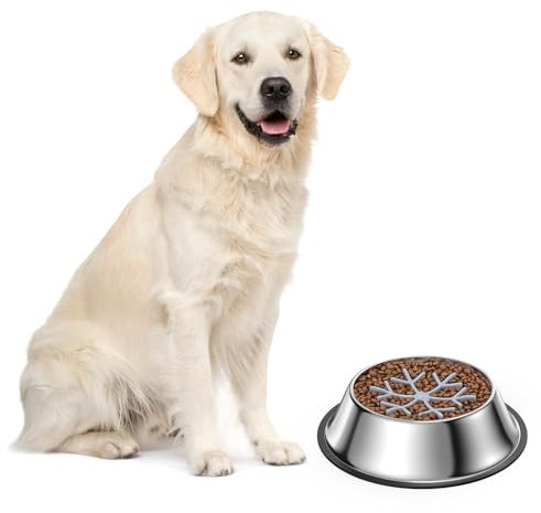 LOFICOPER Slow Feeder Dog Bowl, Silicone Insert Dog Bowls to Slow Down Eating with Anti-Slip Base, Stainless Steel Pet Bowls for Medium Large Breeds, Cat Bowl, Easy to Clean - Large