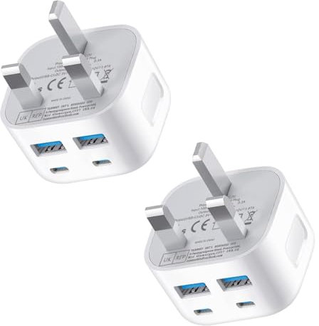 USB C Plug,2Pack 40W Multi USB Plug Fast Charge UK Charging Plug for iPhone 16 16 Pro 15 14 13 12 11 Pro Max Plus X, Samsung, Multiport USB Wall Plug Dual USBC Power Adapter Type C Charger Head
