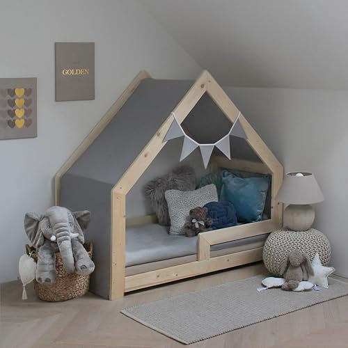 Need Sleep Hausbett Himmel mit Wimpelkette für Bett 70x140 cm - 100% Baumwolle Betthimmel Mädchen Junge- Himmelbett Vorhang für Kinderbett - Baldachin Kinderzimmer Deko Grau (345 cm x 70 cm)
