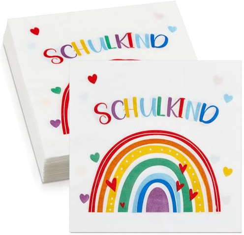 Tenare 50 Stück Servietten Endlich für Einschulung 1. Schultag, Regenbogen | Papierservietten für Schulanfang, Schuleinführung, Klasse, Schule Deko, Bunt, Tafel, Abc, Zuckertüte, Muster, Design