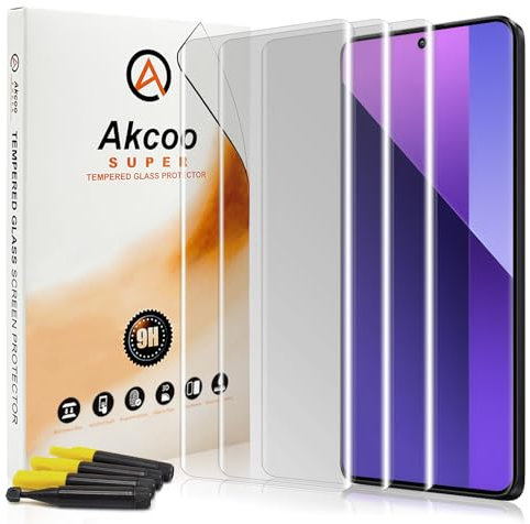 Akcoo Protector de pantalla para Redmi Note 13 Pro Plus, vidrio templado UV [paquete de 3], adhesivo de borde a borde para pantalla completa, dureza 9H, resistente a los arañazos, tacto sensible