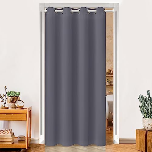 BTTO Rideau de Porte Occultant Thermique Isolant, Lot de 1 Anti Bruit Rideau Separation de Piece avec Oeillets, Décoration de Porte Fenêtre Intérieurs pour Salon Chambre, Gris, 86 x 203cm