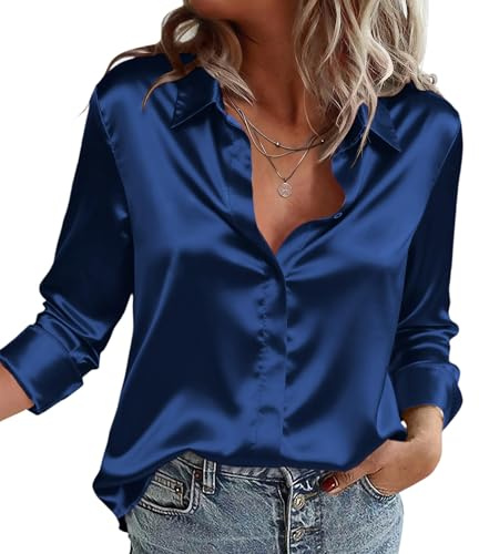 Zeagoo Womens Satin Blouse Long Sleeve Silk Shirts Button Down Blouses | Satin Blouses for Women UK | Ladies Shirts and Blouses | Silk Shirts for Women UK | Elegant Satin Shirt | Office Work Tops