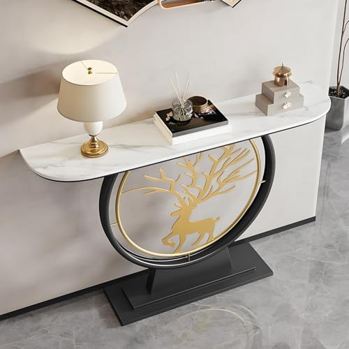 Mesa Recibidor Entrada Estrecha con Tablero de Piedra, Decoración de Ciervo Dorado Dobles y Pintura de Alta Temperatura, Ideal para Pasillo, Dormitorio o Sala(120 * 30 * 80cm)
