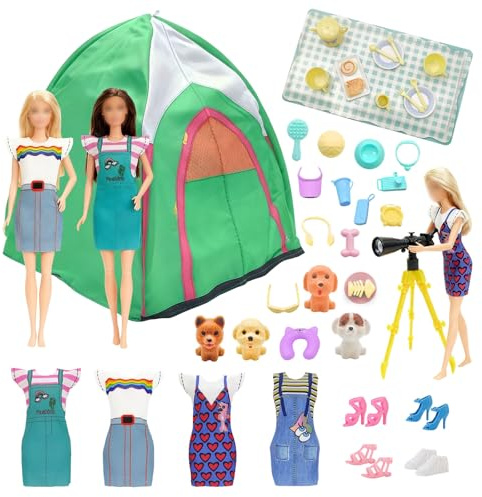 43 Stück Puppen Reise Camping Zelt kompatibel mit Barbie, 29,1 cm Puppenzubehör mit 1 Puppenzelt, 4 Kleider, 4 Schuhe, 4 Mini-Welpen, 7 Haustiere, 1 Zubehör, Fernglas, 14 Nachmittagstee, 8