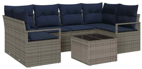 vidaXL Sofa Set mit Kissen 7 pcs Grau und Blau Poly Rattan, Garten- und Terrassen-Sofa-Set, modernes Rattan, wetterfest, UV-beständig, Bequeme Sitzgelegenheit für den Garten