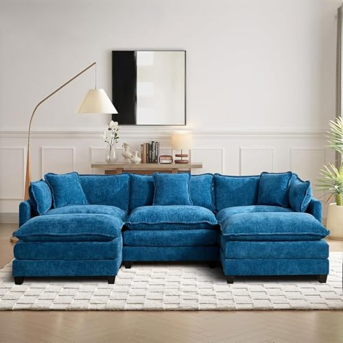 SoarTalent 289cm L-Form 3-Sitzer Sektionalsofa mit 2 Ottomanen, Blau | Chenille-Bezug im Wolken-Couch-Stil, tiefer Sitz mit Kissen, wandelbar, Sitzhöhe 54cm für Wohnzimmer, Wohnung, Büro.