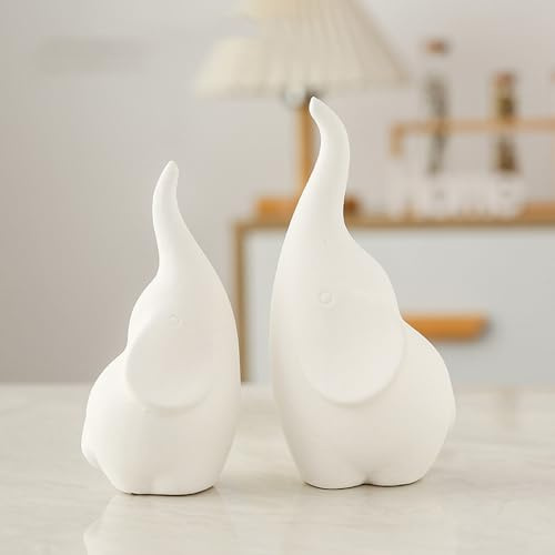 Hosoncovy Ceramic Loving Elephant Statue Set of 2, Couple Elephants Ornaments Home Accessories Decorative Elephant Figurines Animals Figurine Porcelain Sculptures Birthday Presents (White)