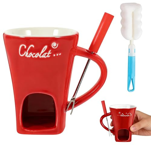 Chocolate Fondue Mug, Chocolate Hotpot with Fork, Melting Chocolate Mug, Fondue Heated with a Tealight, Warmer Mug for Candy Snack Caramel Party (White)