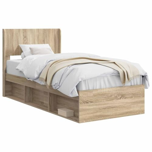 vidaXL Bettgestell mit Stauraum und Kopfteil Sonoma-Eiche 90 x 190 cm, Moderne Bettgestell, rechteckig, Stauraum, Latten-Design, praktische Möbel für Dein Schlafzimmer