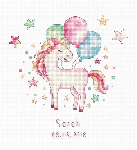 Luca-S B1149 Einhorn und Luftballons zur Geburt Mädchen Kreuzstichset, Baumwolle, mehrfarbig, 17x17,5cm