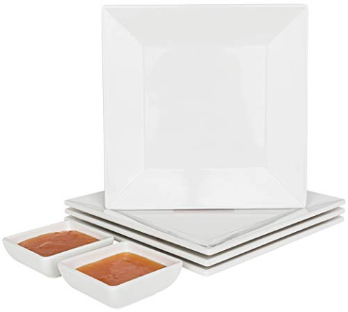 CHEFQ Juego de 4 platos cuadrados blancos de melamina de 10 x 10 pulgadas, vajilla elegante irrompible con plato para salsa