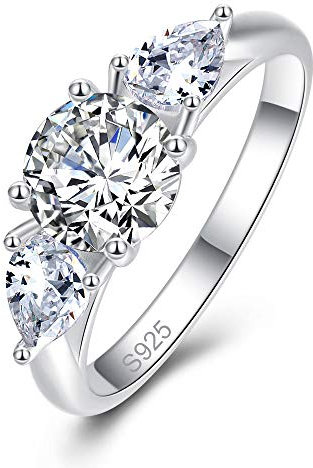 Bonlavie Silver Ring for Women, 925 Sterling Silver Pear and Round Cut White Cubic Zirconia Engagement Ring for Girls - P