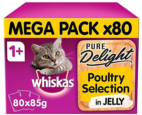 whiskas 80 x 85g, 1+ Adult Cat Food Pouches Pure Delight Poultry Selection In Jelly Giant Pack
