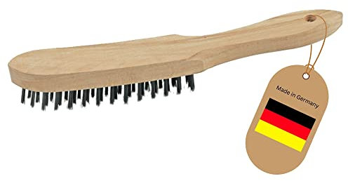 Novatool Cepillo de alambre de 3 filas, 27 cm de largo, con mango de madera, cepillo para pinzas de freno, barbacoa, cepillo de alambre, cepillo para rascar, cepillo de metal, cepillo de mano para