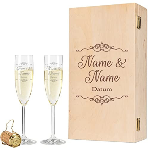 GRAVURZEILE Leonardo Sektgläser - Vintage Wedding Design + Holzkiste - personalisiert graviert mit Namen & Datum - inkl. Vintage-Holzkiste - Geschenk zur Hochzeit, Verlobung & Jahrestag