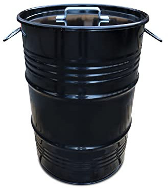BarrelKings - BinBin - Poubelle 60 litres - Baril de Pétrole - Couvercle avec Poignées - Noir - 60L - Tonneau Metal - Poubelle Metal - Baril Déco - Poubelle Baril - Poubelle Exterieur