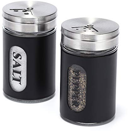 Salière et poivrière en acier inoxydable et verre avec trous de versement réglables (Noir)