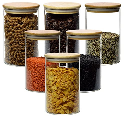 gouveo 6er Set Glasbehälter 1000 ml rund aus Borosilikatglas mit Deckel - Vorratsgläser 1,0 l mit Verschluss - Aufbewahrungsgläser, Glasdosen, Vorratsdose, Nudelglas