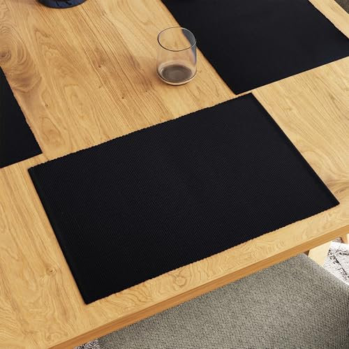 Encasa XO Platzsets Esstisch Set von 6 | Tiefes Schwarz | Fein gerippte Baumwoll-Tischunterlage | Größe 48x32 cm | Maschinenwaschbar
