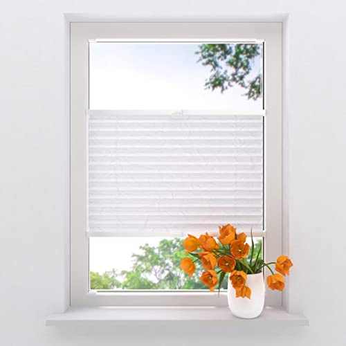 Plissee mit Bohren 75 x 220 cm Weiß lichtdurchlässig, plissee innen, Montage ohne Bohren möglich, Fenster rollos für innen, Fenster plissee, pliseerollos, plissees