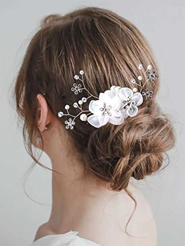 Bufenia Weiß Chiffon Blumen Hochzeit Haarkämme Strass Perle Silber Braut Haarschmuck Braut Kopfstück