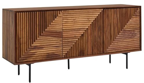 Massivholz Design Sideboard FineBuy 150cm Sheesham Kommode mit 3 Türen Retro Design Metall schwarz