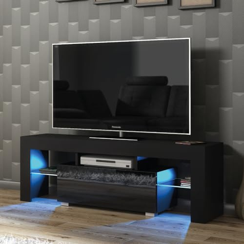 Creative Furniture TV Unit 130cm Black Modern Stand Gloss Doors Free LED