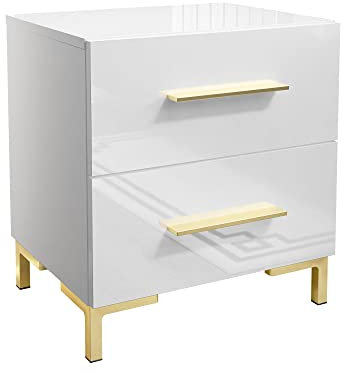lukmebel Nachttisch LINA LUX 45x50x38,5 cm- LED Beleuchtung - Nachtkästchen - Weiß Hochglanz - Goldgriff - Nachtschrank - Beistelltisch mit Schublade - Schlafzimmerschrank