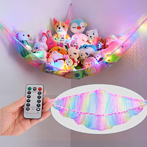 Unicorn Castle Stuffed Animals Hammock Kids Animal Storage with Light Plush Corner Hanging Net for Kids Bedroom Nursery,Rainbow