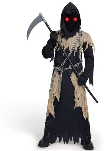 Spooktacular Creations Kinder Sensenmann Kostüm, Glühende Augen Sensenmann Kostüm für Jungen, Gruseliges Phantom Schwarzer Sensenmann Halloween Dress Up-XL