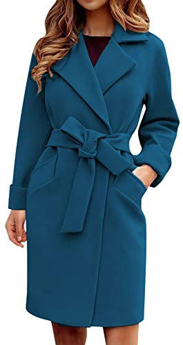 Trench da donna autunnale vintage comodo solido risvolto spolverino manica lunga media lunghezza trench con tasche da donna retrò elegante cardigan da lavoro giacca trapuntata da donna, Blu, L