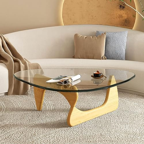 Dreieckiger Couchtisch, moderner Couchtisch (Holzgestell + dreieckige Glasplatte), für Wohnzimmer, Terrasse, Arbeitszimmer, Lounge, Büro,Log + Clear,Small