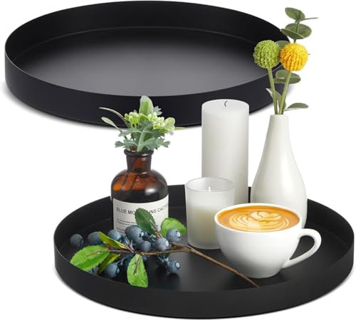 Schwarz Rundes Tablett aus Metall, Ø 30 cm Tablett, Servier Tablett Getränke Organizer, Dekorative Tablett, Dekotablett Kerzenteller, Serviertablett für Schmuck Make-up Tee-Set Vasen