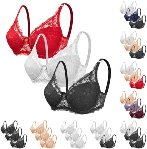 CSWH 3er Pack Damen BHS ohne Bügel Fraun Push Up Sexy Spitzen-BH mit verstellbarem Trägern Mädchen Atmungsaktiver Weich Bequemer BH Unterwäsche Bra für Alltag