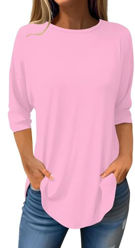 Elegantes Damen T-Shirt 3/4 Arm - Yoga Shirt, Business Outfit, Bluse Halbarm, Top Weit Geschnitten, Oberteil Rosa 3XL