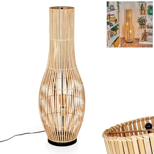 Stehleuchte Staby, Stehlampe aus Metall/Bambus in Schwarz/Goldfarben, Leuchte im Boho-Design mit Schirm in Gitter-Optik (Ø 36 cm), Höhe 105 cm, An-/Ausschalter am Kabel, 3 x E27, ohne Leuchtmittel