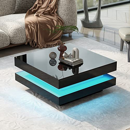Merax Black High Gloss Coffee Table, Square Side Table with 360° Rotating Top and 16-Color LED Lighting, Center Tables for Living Room and Office, Black, 70x70x36cm