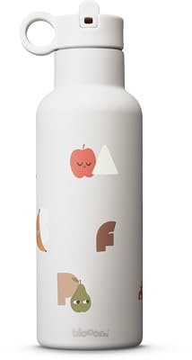 Blooom Isolierte Edelstahl-Wasserflasche für Kinder | Langlebig, auslaufsicher und einfach zu verwenden | Trinkflasche mit Strohhalm | Niederländisches Design (Alphabet, 475ml)
