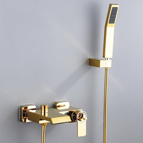 Robinet de Baignoire Mitigeur Thermostatique Doré Robinet de Baignoire Cascade de Douche Mural à Levier Unique avec Douchette à Main