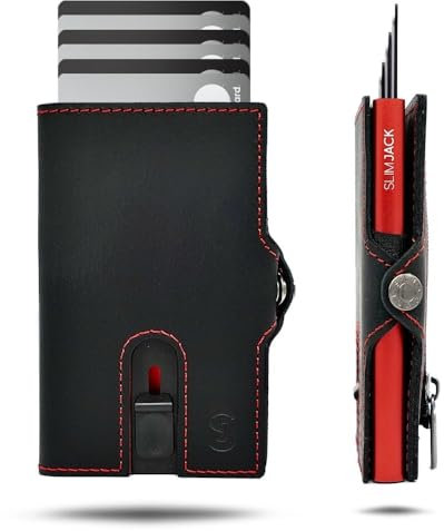 SLIMJACK Smart Wallet mit Münzfach - Kreditkartenetui mit RFID-Schutz - Geldbeutel für Herren - Aluminium-Kartenhalter - Smart Wallet für Karten & Münzen - Schwarz Rot