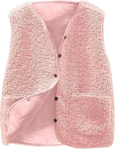 Générique Gilet Femme sans Manche Veste Polaire Chaud Manteau Automne Hiver Sherpa Waistcoat Casual Outdoor Gilets Blousons Couleur unie sans Manches Bouton Veste avec Poches (Rose, L)