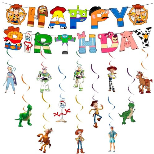 Toy Story-Inspired Birthday Banner - 14Pcs Party Decorations Including Bunting and Hanging Swirls for Kids' Theme Celebration