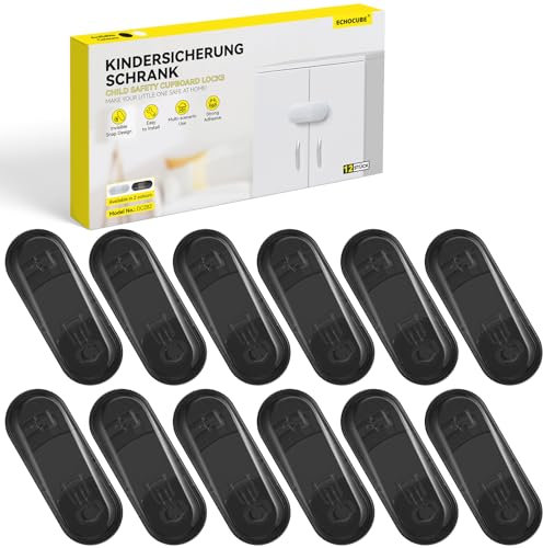 ECHOCUBE Cerraduras de Seguridad para Armarios, 12 Paquetes de Cerraduras de Seguridad para Armarios con Adhesivo, Cerraduras de Seguridad para Armarios, Armarios, Cajones (Negro)