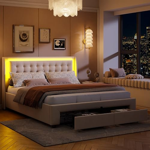 YGHQAP Doppelbett, gepolstert, Bettgestell mit LED und Steckdose, Bettkasten mit Lattenrost und 2 Aufbewahrungsschubladen, Doppelbett mit Lattenrost, ohne Matratze (Beige, 160 x 200 cm)