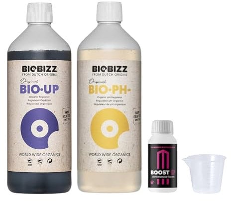 GROWMANIA Biobizz pH + Plus 500 ml + pH – Minus 500 ml + Up Nutrients Boost Up | Super pack Ph up and Ph Down and Boost | Sollevatore Ph-senker Fertilizzante per piante coltivate indoor Down granulato