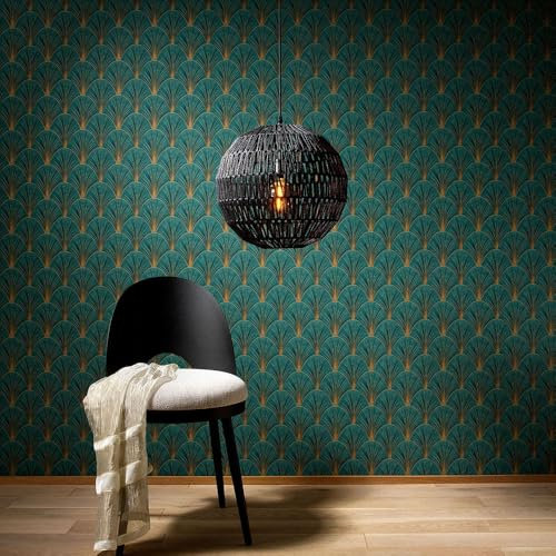 Erismann Elle Fan Art Deco 10451-19 Non-Woven Wallpaper with Graphic Design Green Gold Metallic