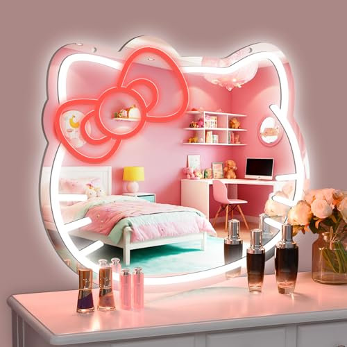 YASIZESOU Hello Kit Kosmetikspiegel mit Neonlicht, 40,6 x 35,6 cm, große Größe, Hello Kit LED-Spiegel, verstellbare Helligkeit, USB-betrieben, rote Schleife, Mädchenzimmer-Dekor-Wandspiegel