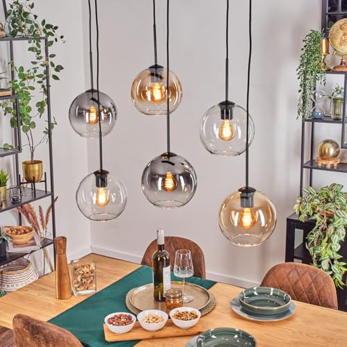 HOFSTEIN Hängeleuchte Koyoto, 6-flammige Hängelampe aus Metall/Glas in Schwarz/Rauch/Bernstein/Klar, moderne Pendelleuchte im Retro/Vintage-Design (Schirme Ø 20 cm), E27, Esszimmer, Küche, Wohnzimmer
